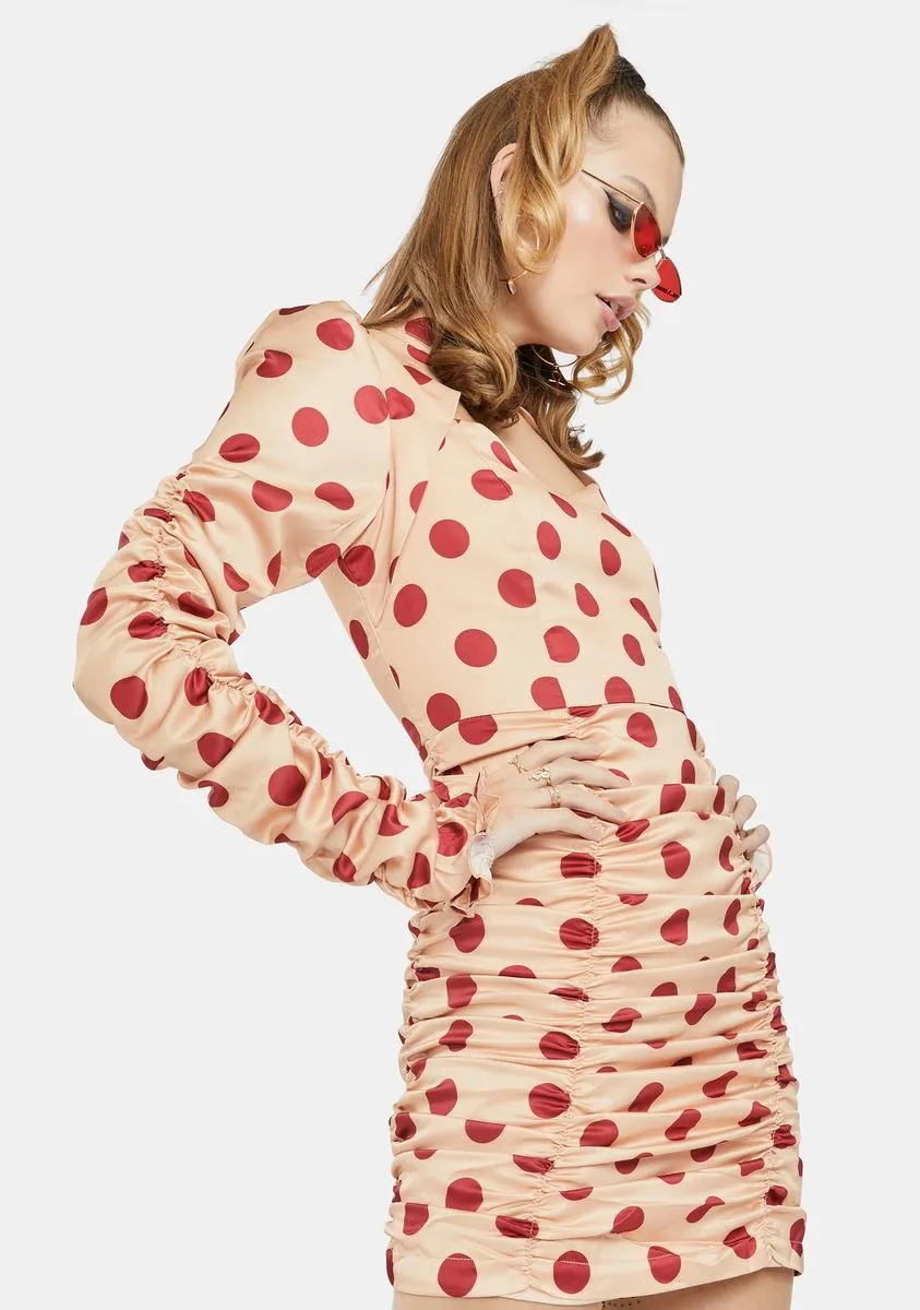 Peach Polka Dot Ruched Mini Dress