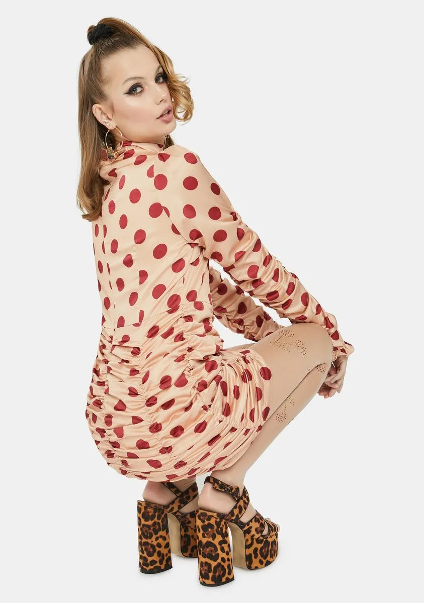 Peach Polka Dot Ruched Mini Dress