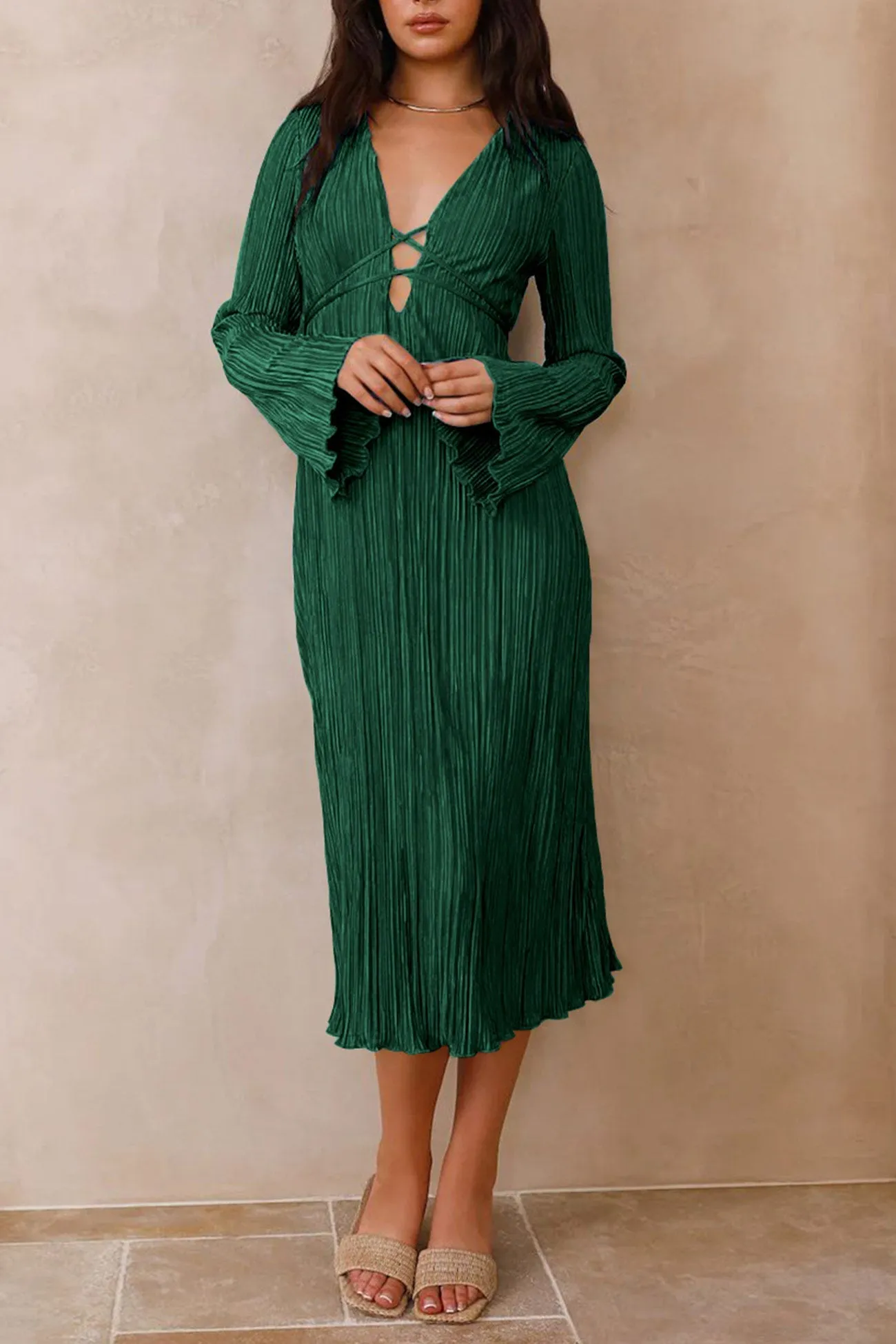 Pleated Flares Sleeve Tie-waist Dress