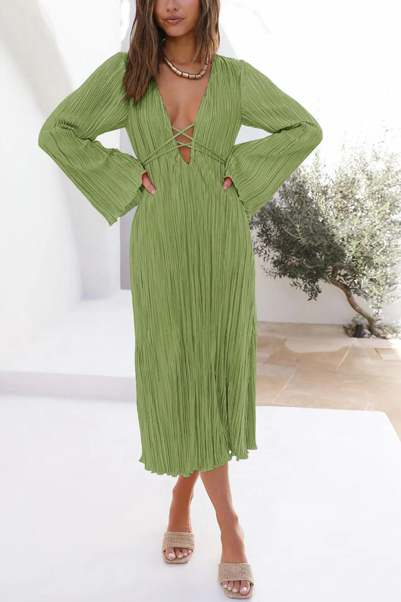Pleated Flares Sleeve Tie-waist Dress