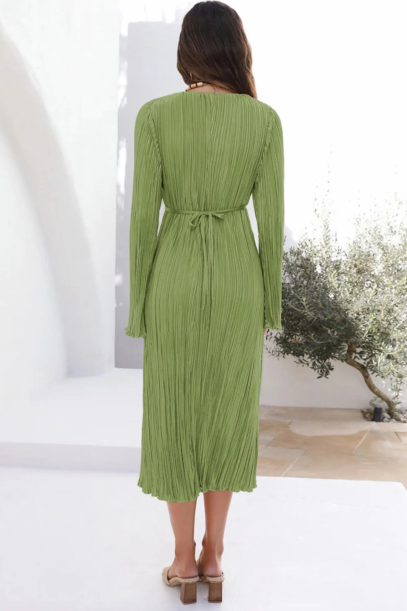 Pleated Flares Sleeve Tie-waist Dress