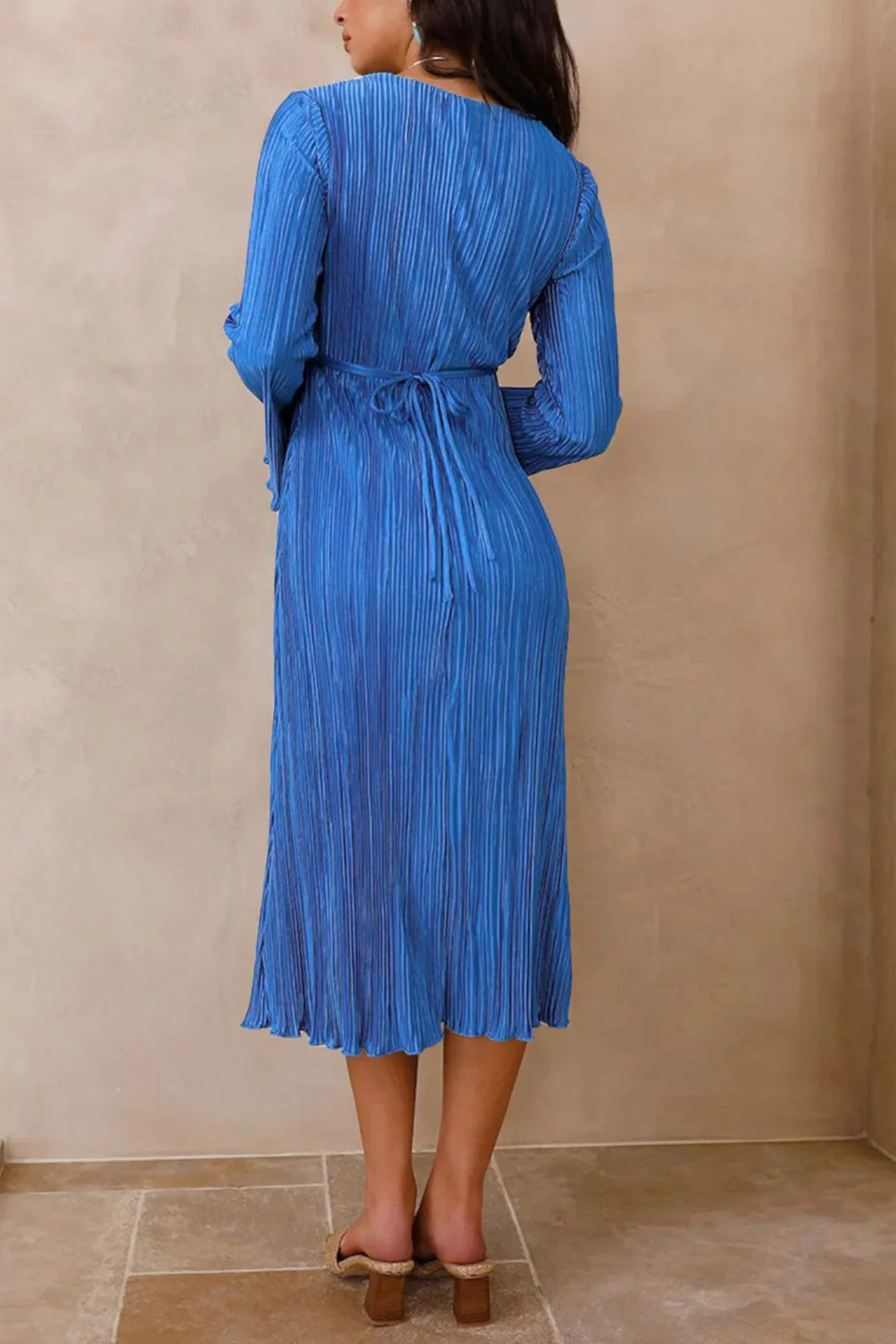 Pleated Flares Sleeve Tie-waist Dress