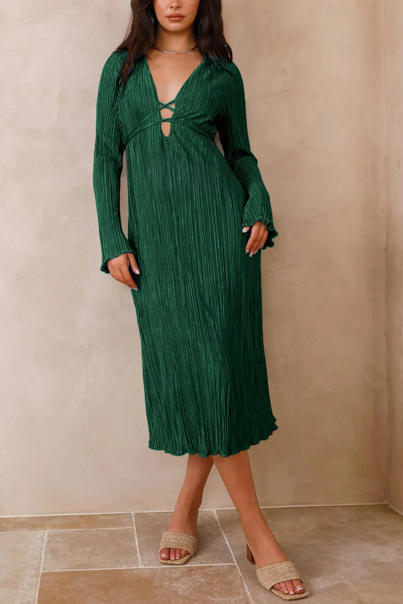 Pleated Flares Sleeve Tie-waist Dress