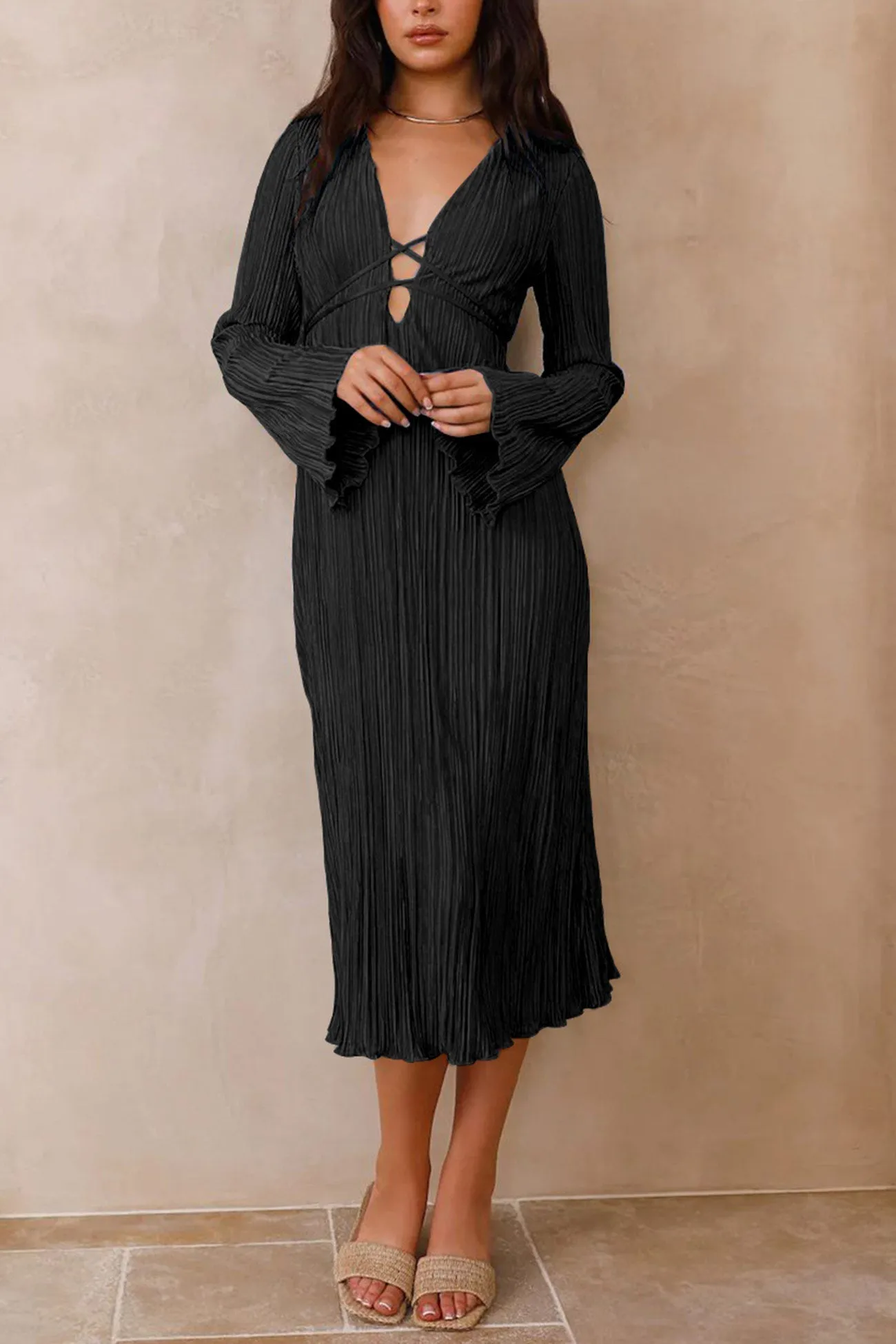 Pleated Flares Sleeve Tie-waist Dress