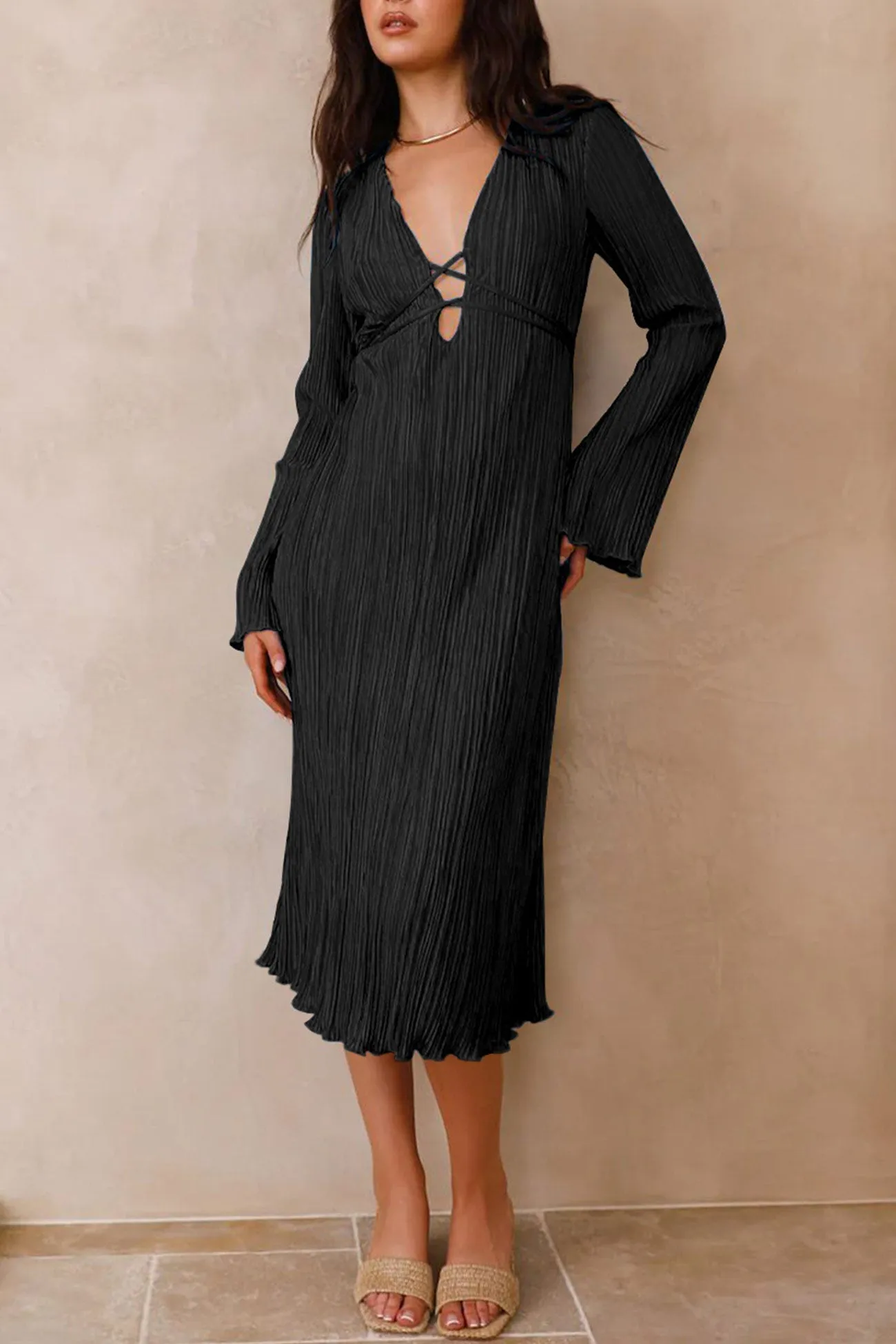Pleated Flares Sleeve Tie-waist Dress