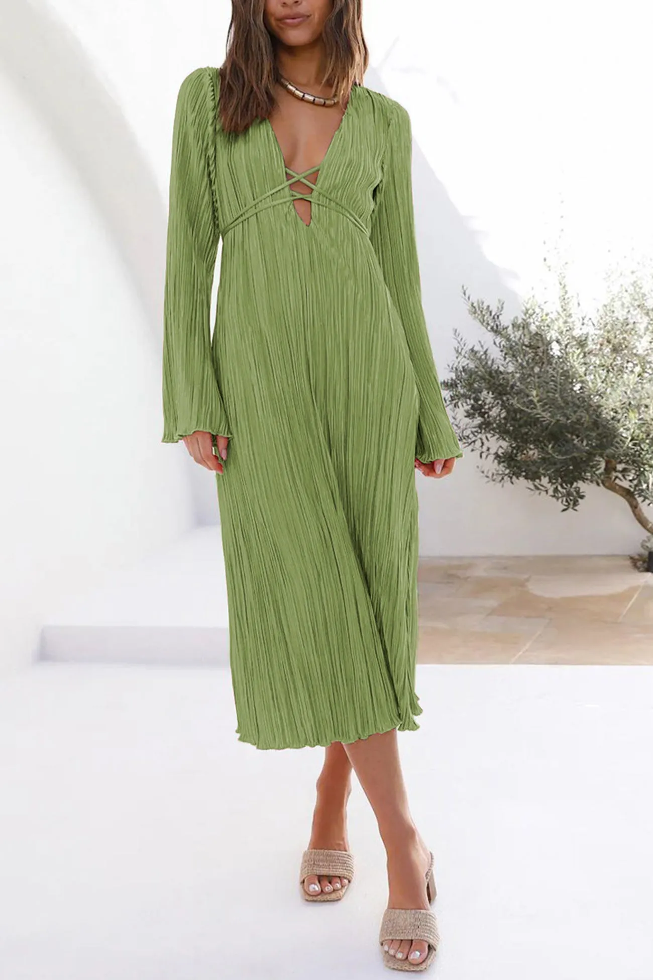 Pleated Flares Sleeve Tie-waist Dress