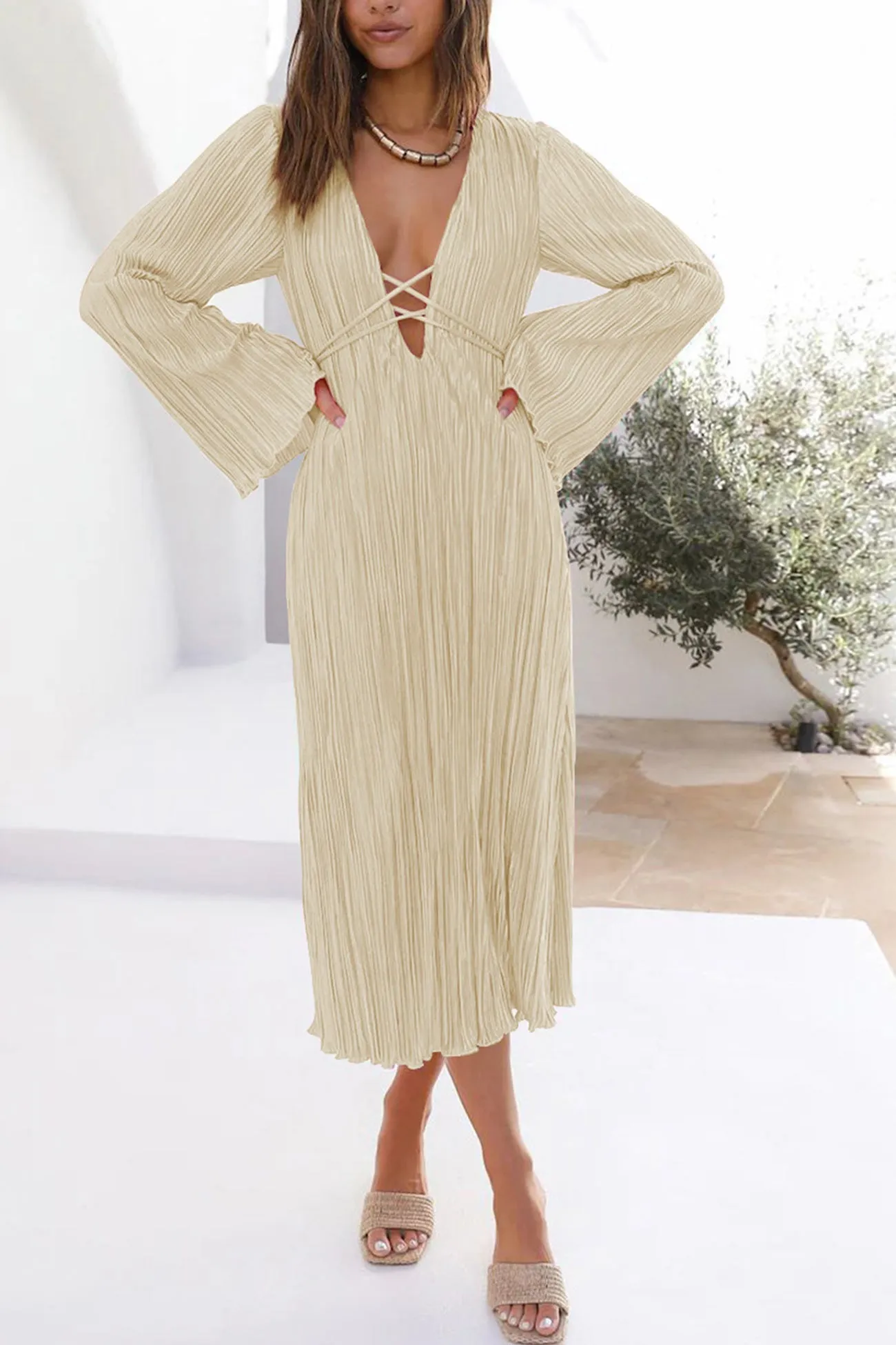 Pleated Flares Sleeve Tie-waist Dress
