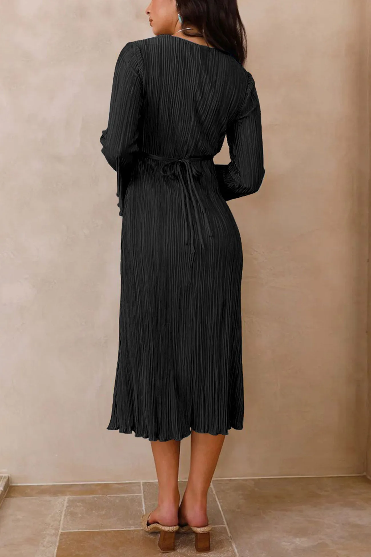 Pleated Flares Sleeve Tie-waist Dress
