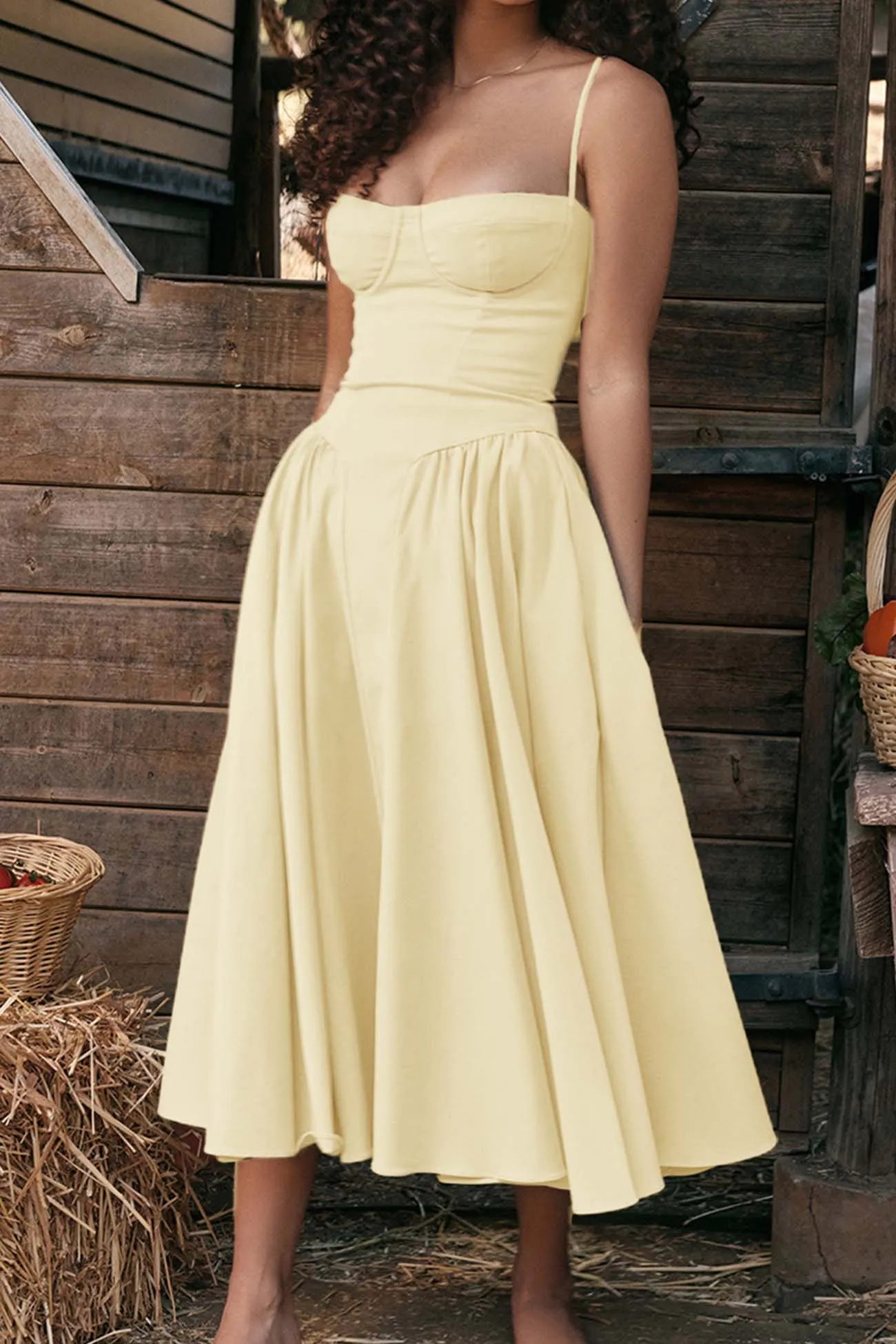 Pleated Square Neck Cami Midi Dress