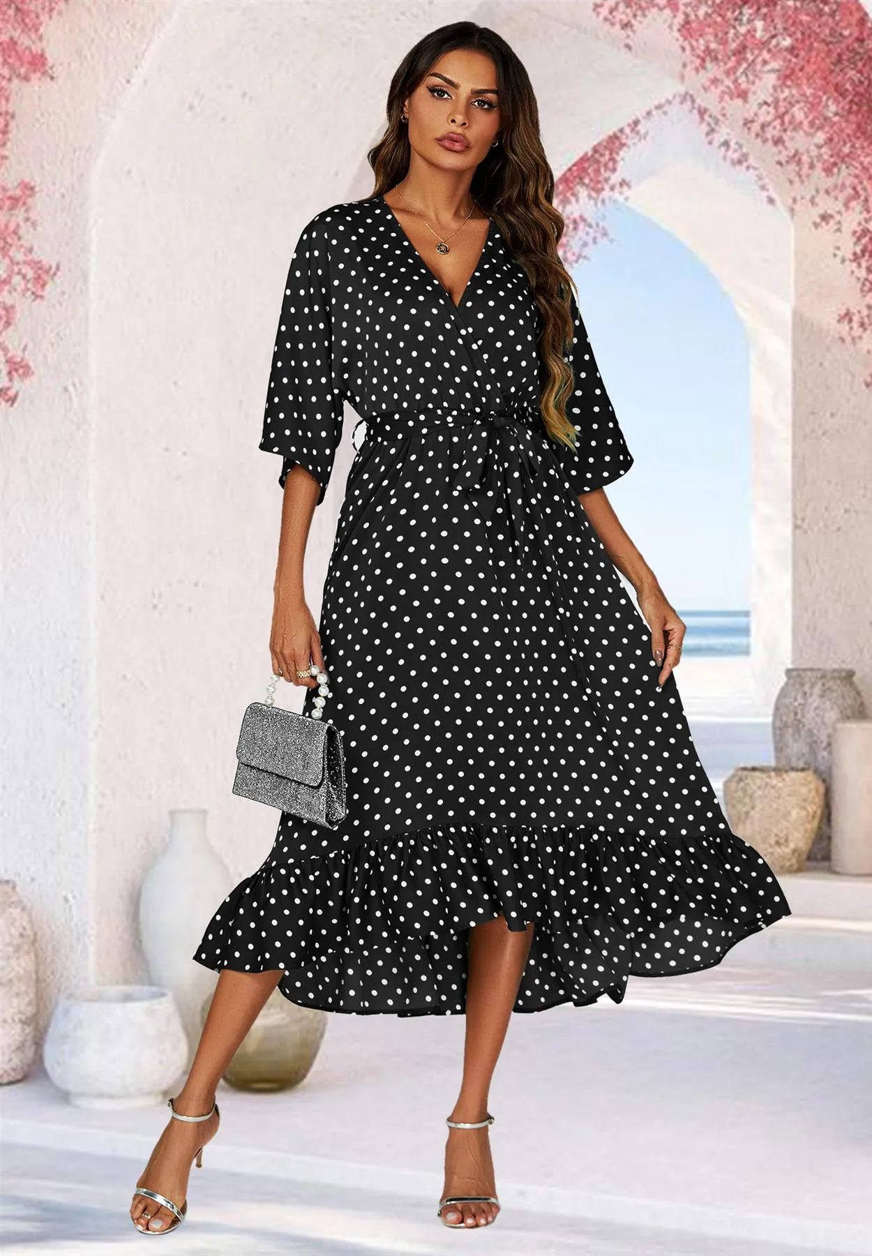 Polka Dot Print Wrap Top Kimono Sleeve Maxi Dress In Black