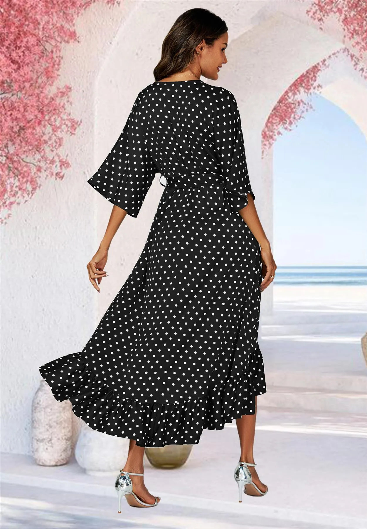 Polka Dot Print Wrap Top Kimono Sleeve Maxi Dress In Black