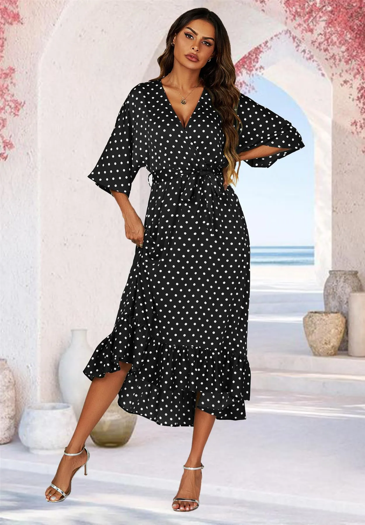 Polka Dot Print Wrap Top Kimono Sleeve Maxi Dress In Black