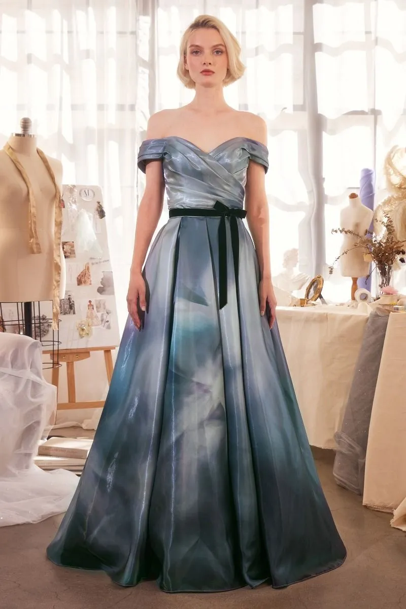 PRINT OFF THE SHOULDER SATIN BALL GOWN CDA1431