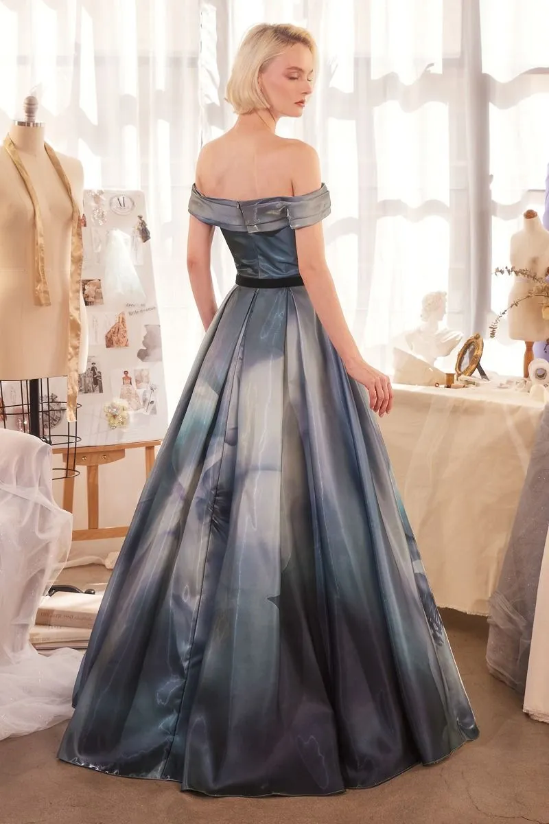PRINT OFF THE SHOULDER SATIN BALL GOWN CDA1431