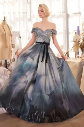 PRINT OFF THE SHOULDER SATIN BALL GOWN CDA1431