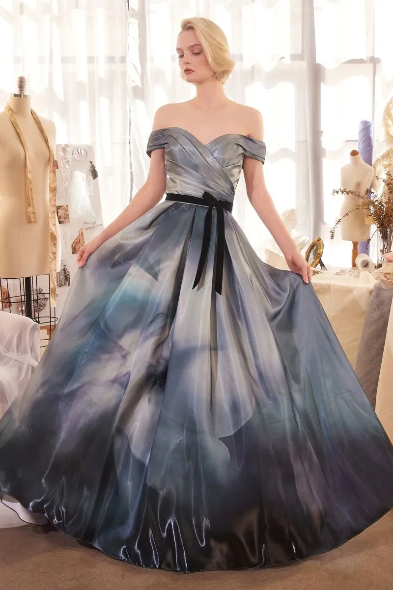PRINT OFF THE SHOULDER SATIN BALL GOWN CDA1431