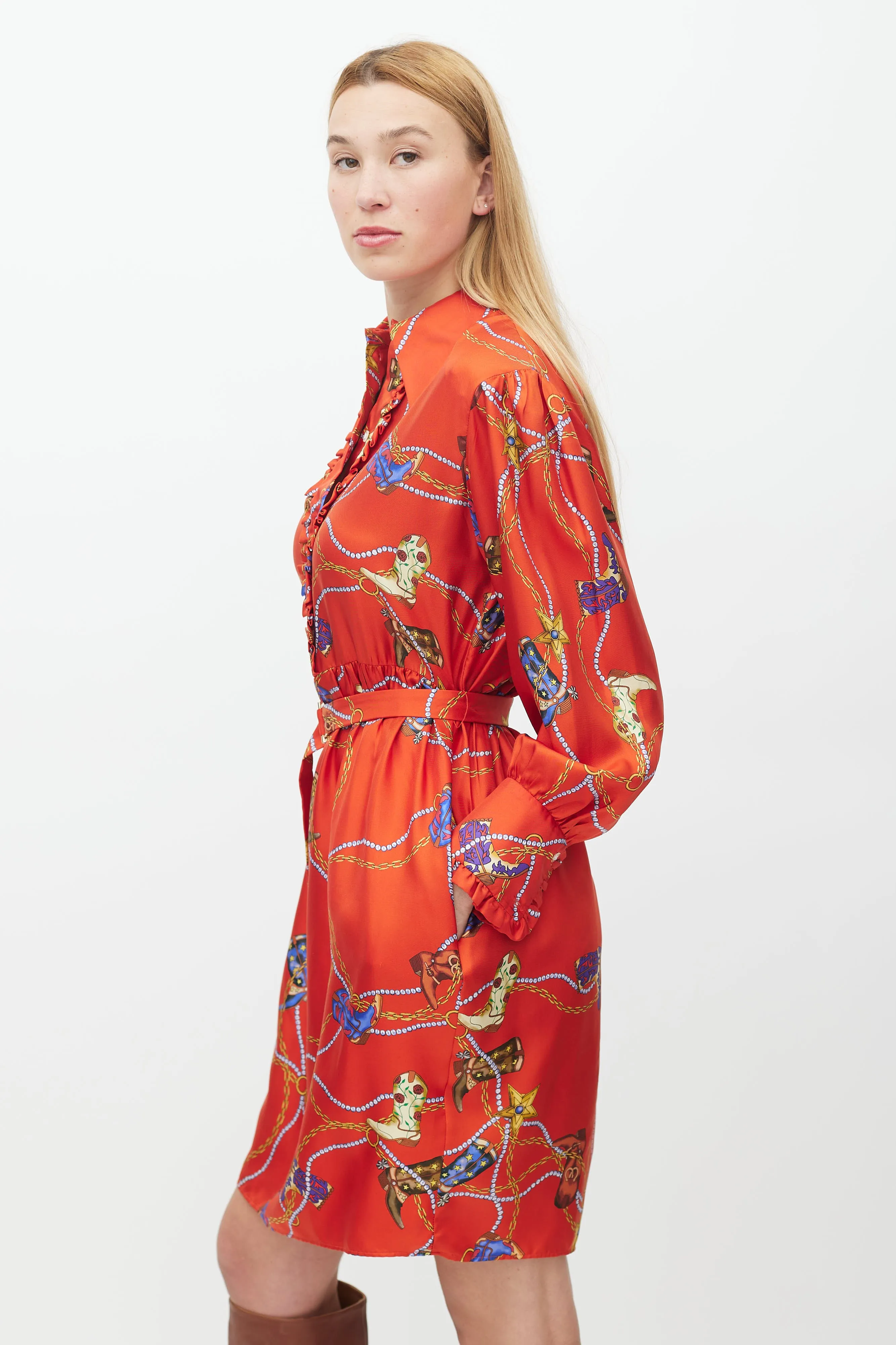 Red & Multicolour Silk Chain Belted Dress