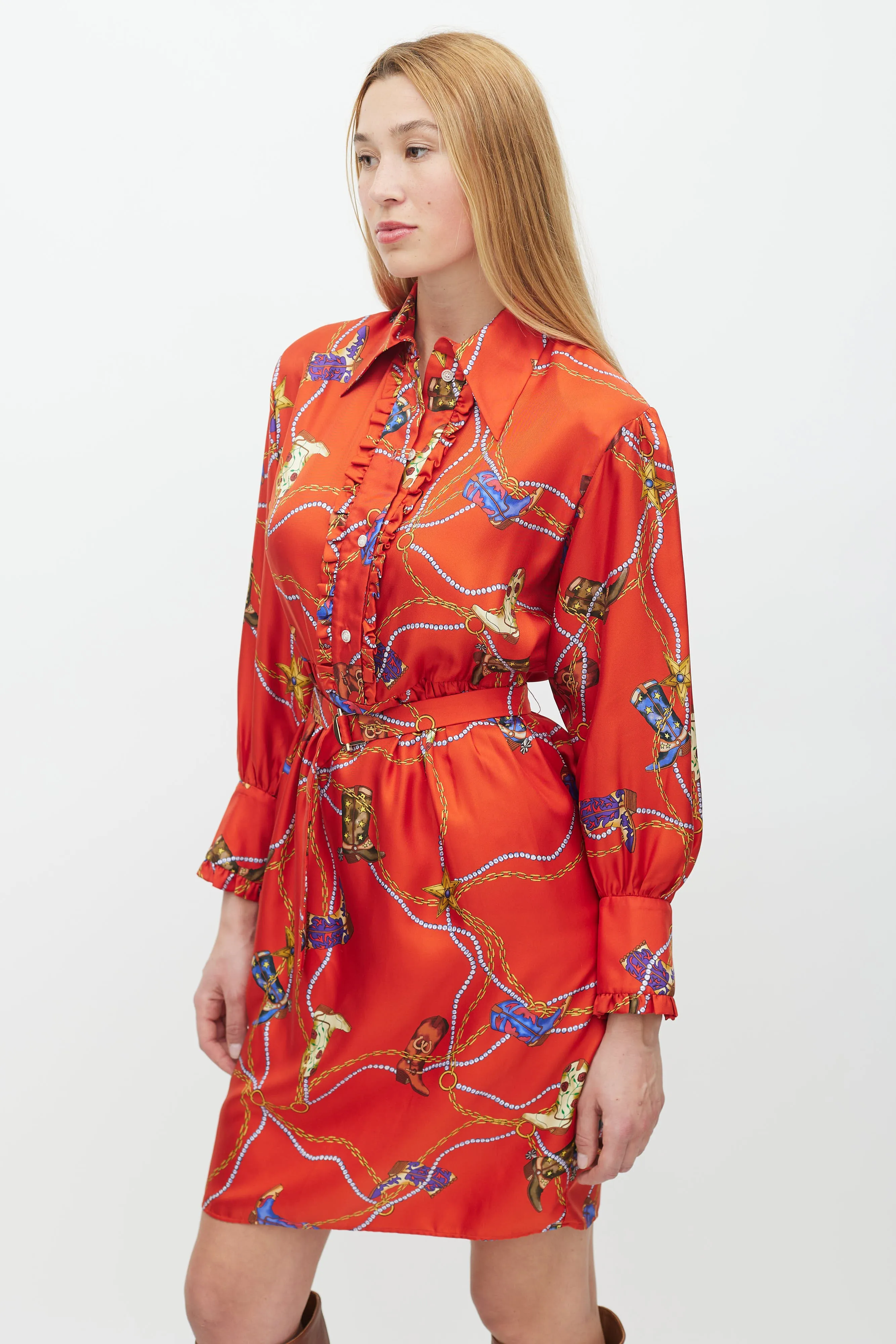 Red & Multicolour Silk Chain Belted Dress