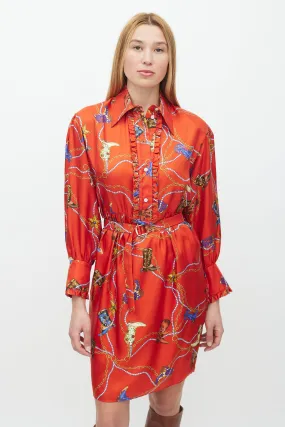 Red & Multicolour Silk Chain Belted Dress