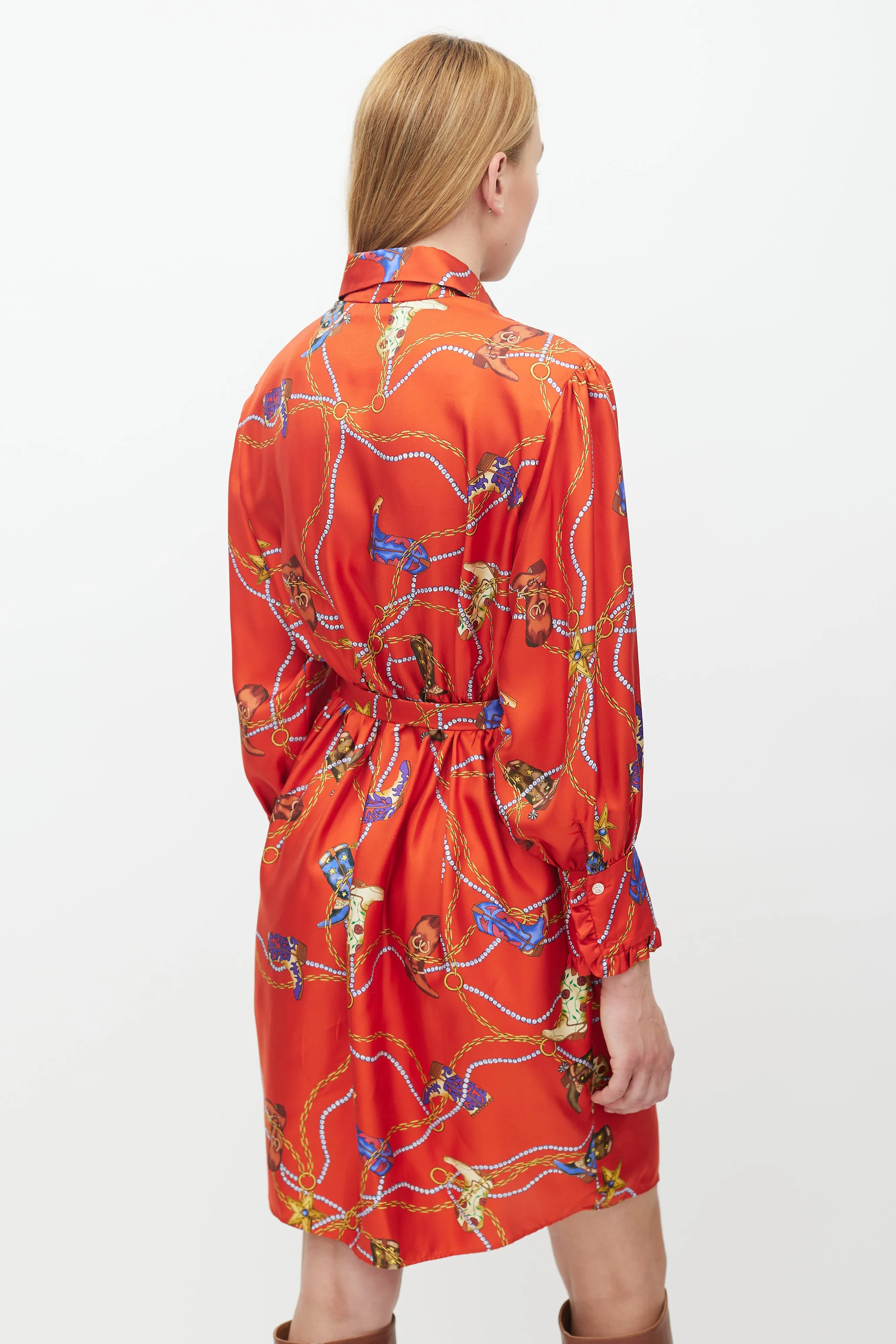 Red & Multicolour Silk Chain Belted Dress