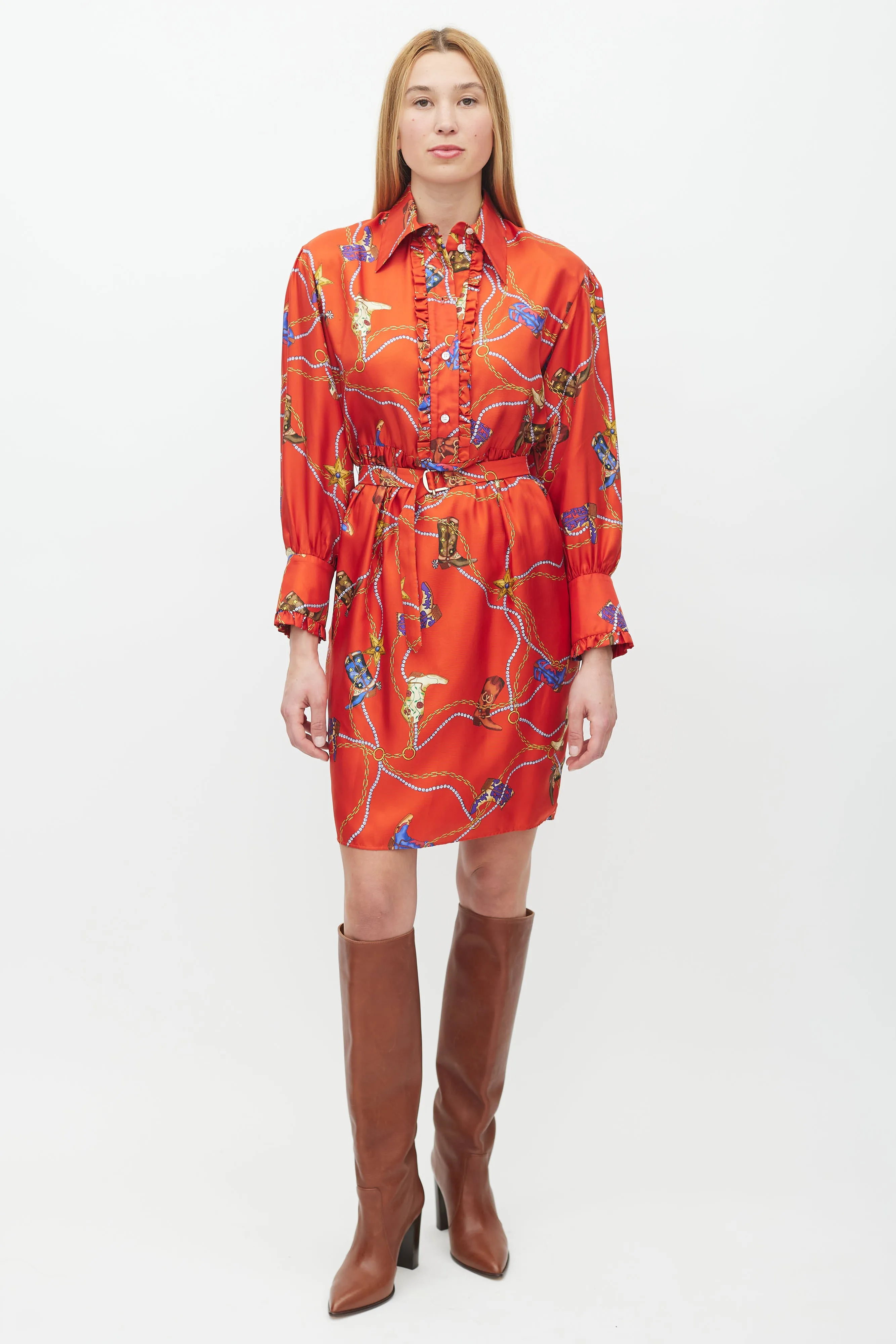 Red & Multicolour Silk Chain Belted Dress