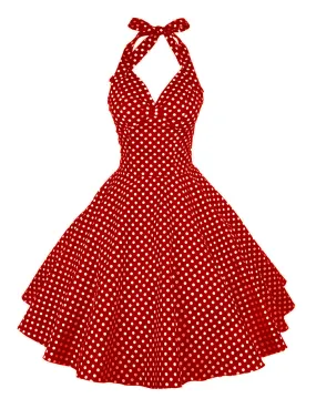 Retro Dots Halter Backless Lace-up Slim-fit Dresses
