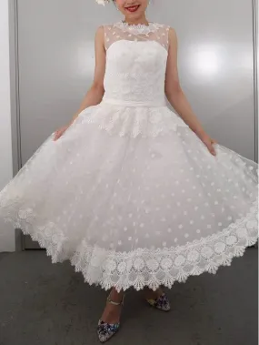 Retro Style Stunning Polka Dot 1950s Style Modest Tea Length Wedding Dress
