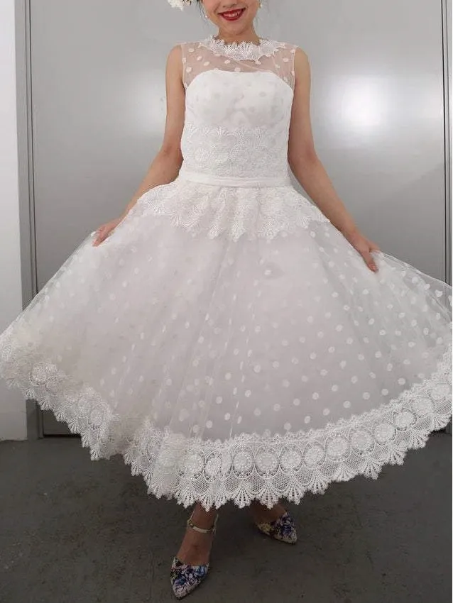 Retro Style Stunning Polka Dot 1950s Style Modest Tea Length Wedding Dress