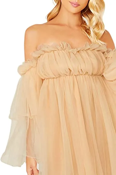 Romantic Chiffon Beige Off Shoulder Tulle Dress