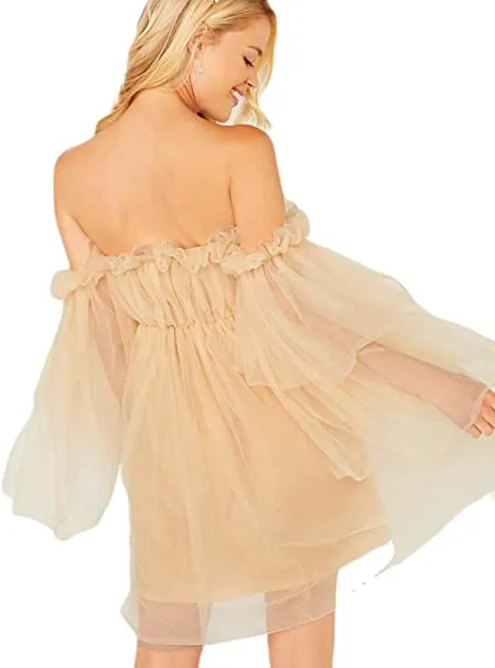 Romantic Chiffon Beige Off Shoulder Tulle Dress