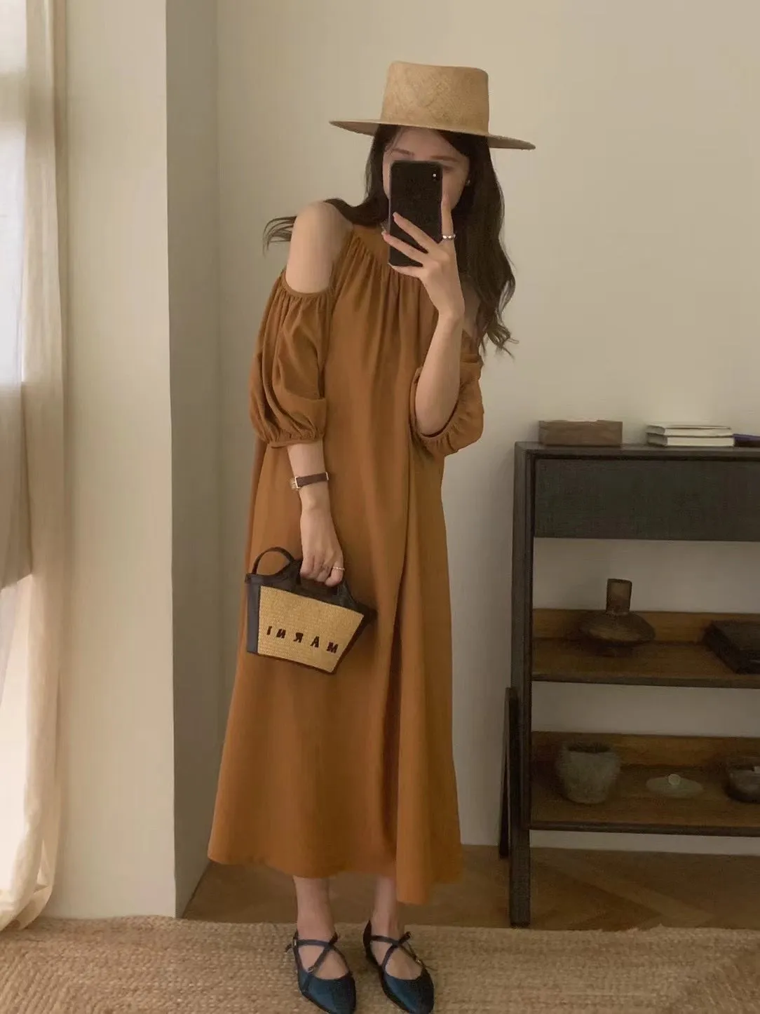 Round Neck Cold Shoulder Chiffon Midi Dress