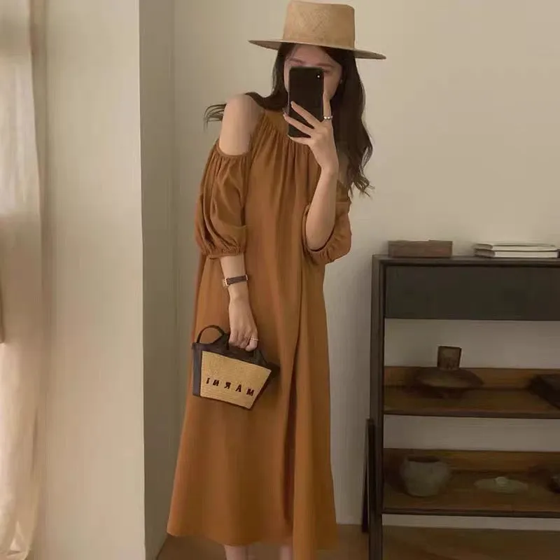 Round Neck Cold Shoulder Chiffon Midi Dress