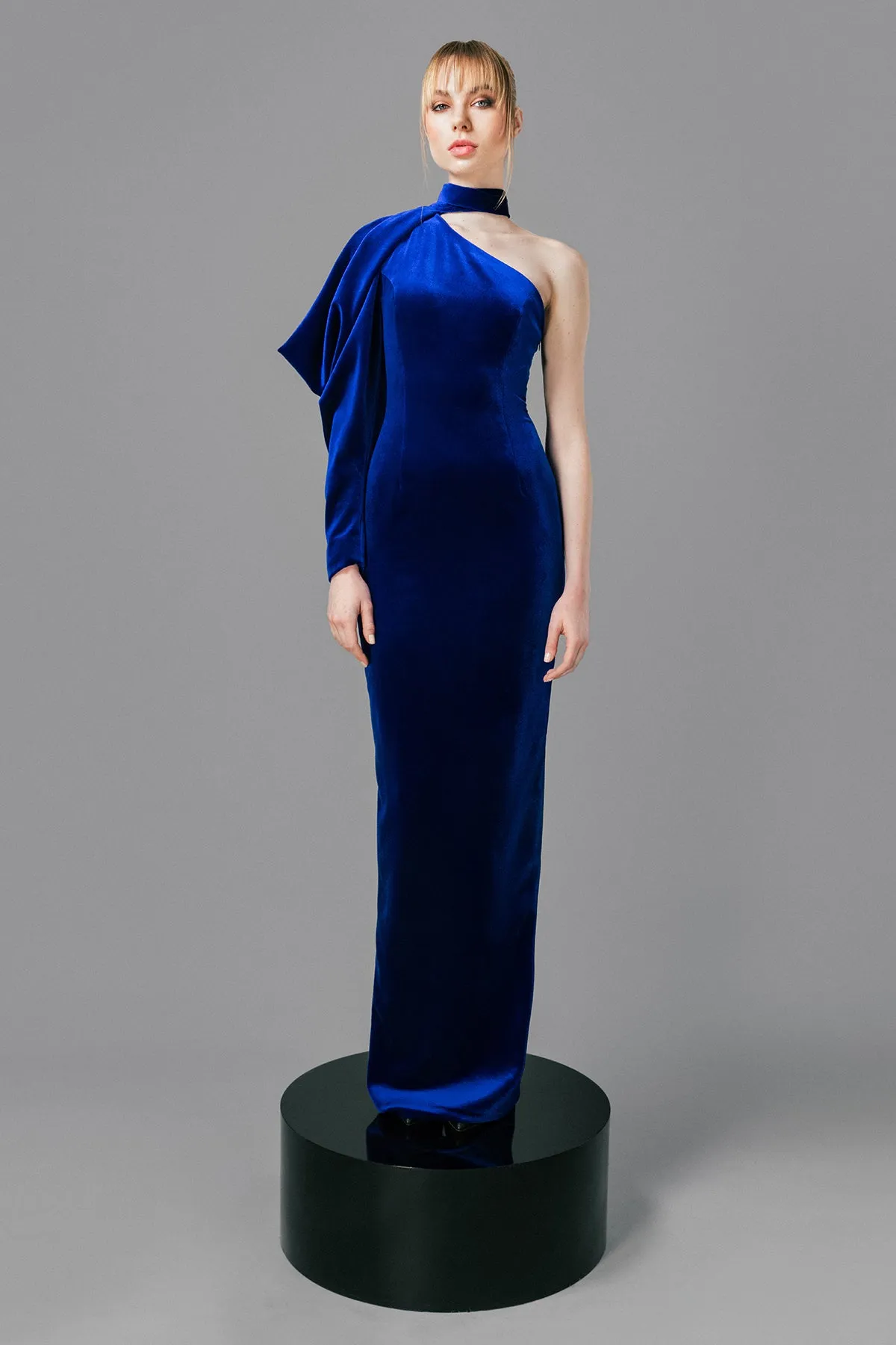 Royal blue velvet dress with structured sleeve