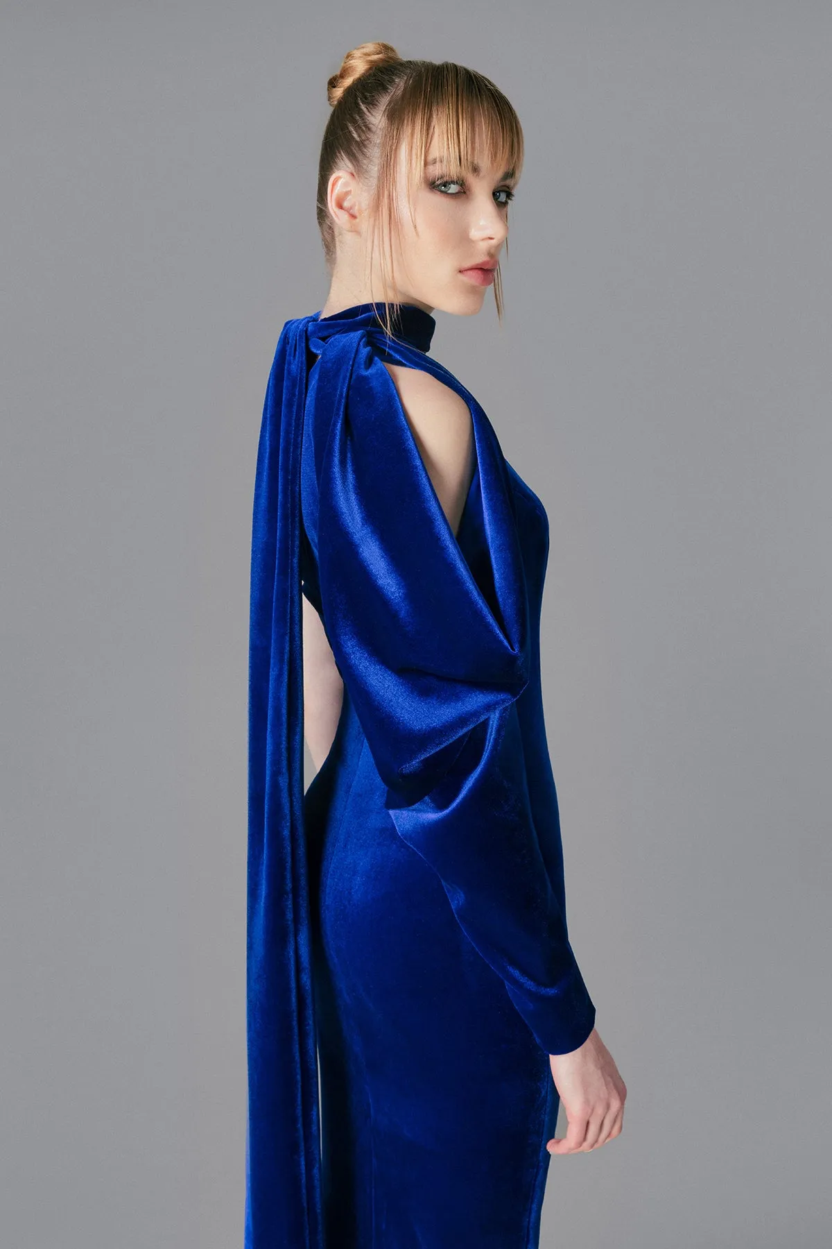 Royal blue velvet dress with structured sleeve