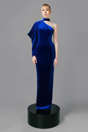 Royal blue velvet dress with structured sleeve