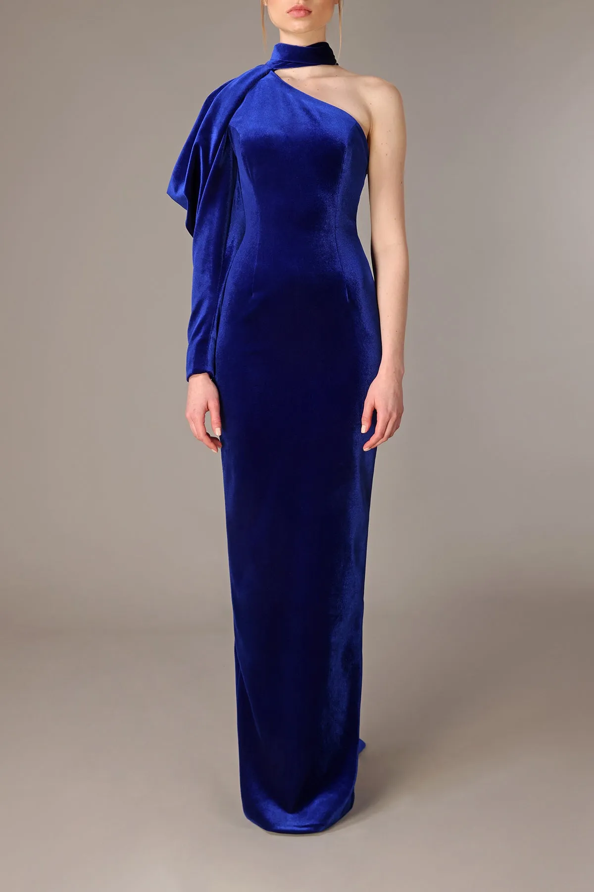 Royal blue velvet dress with structured sleeve
