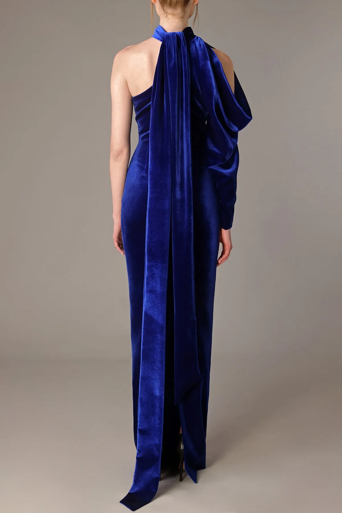 Royal blue velvet dress with structured sleeve