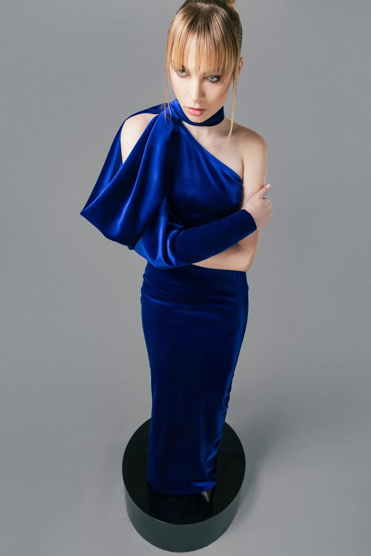 Royal blue velvet dress with structured sleeve