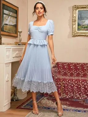Ruched Front Ruffle Trim Pleated Eyelet Lace Hem Dress