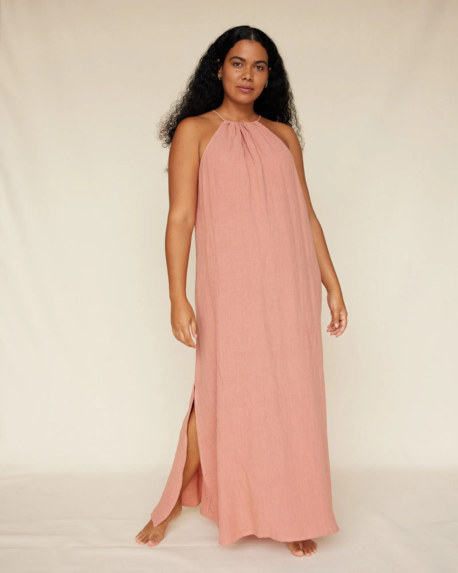 Saloma Linen Halter Dress - Rosewood