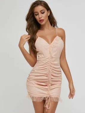 SBetro Ruffle Trim Ruched Drawstring Knot Swiss Dot Dress