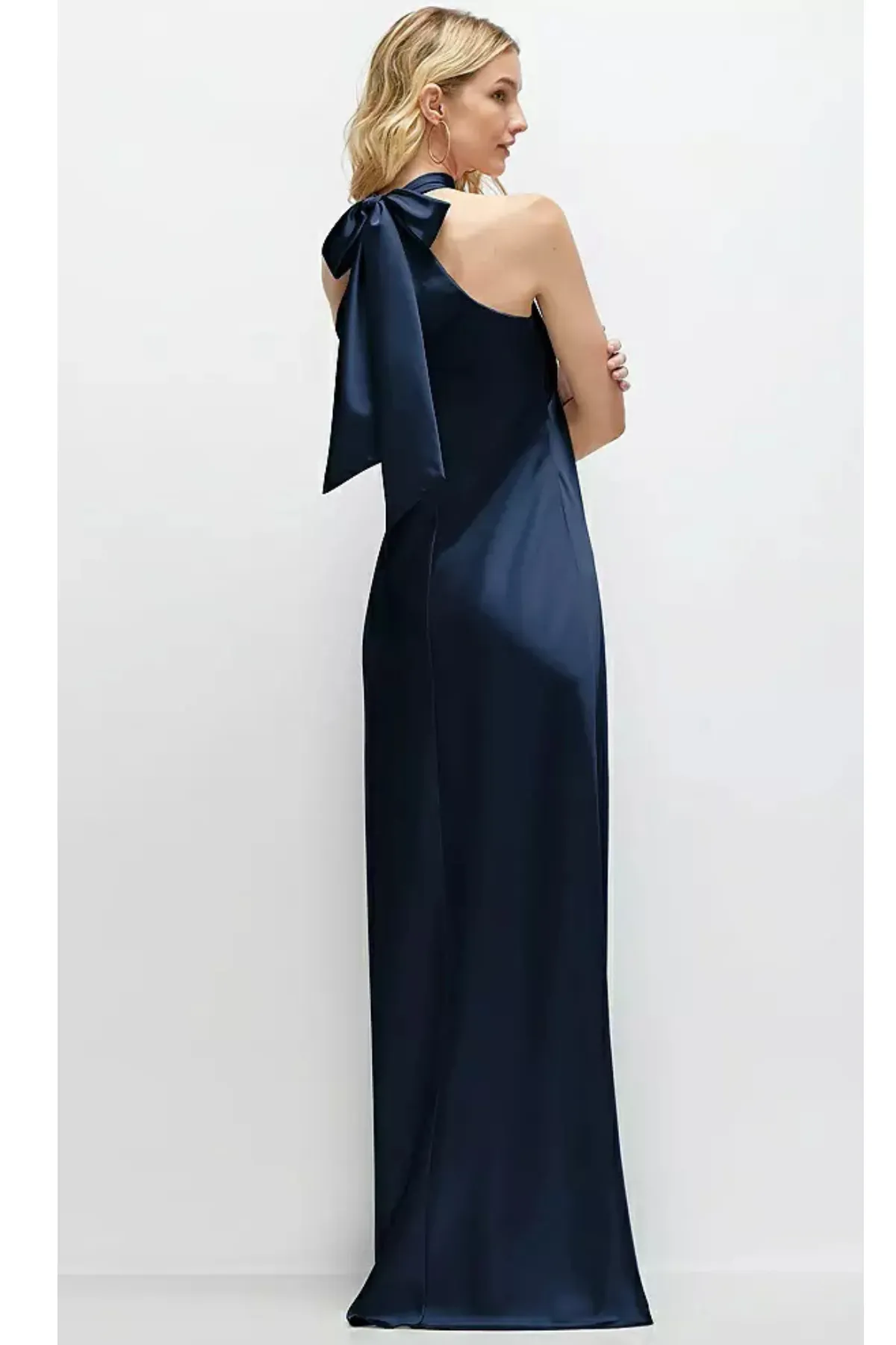 Self Tie Bow Back Satin Maxi Dress in Midnight Navy