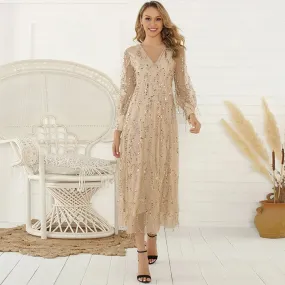 Sequin Wedding Bridesmaid Vintage V-Neck Long Sleeve Club Party Robe Woman Summer Midi Elegant Dress
