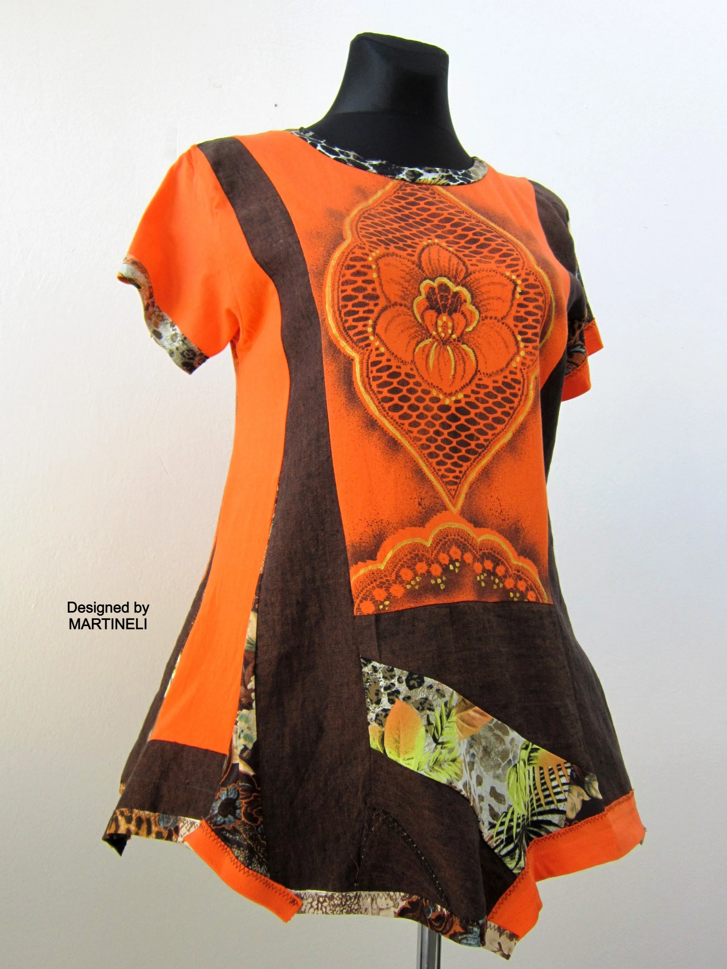 Short Orange Dress,M/L Summer Linen Tunic Top for Women
