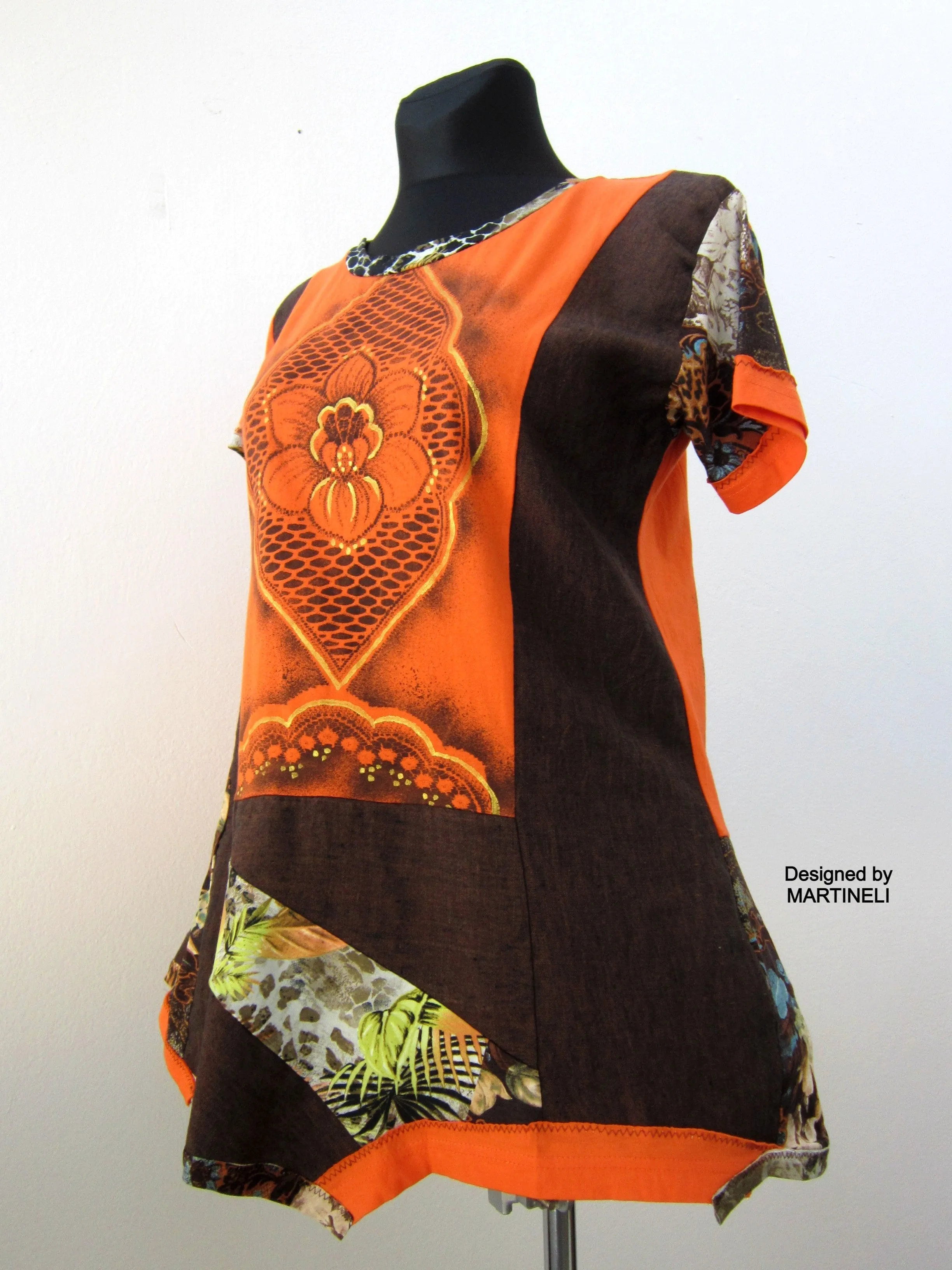 Short Orange Dress,M/L Summer Linen Tunic Top for Women