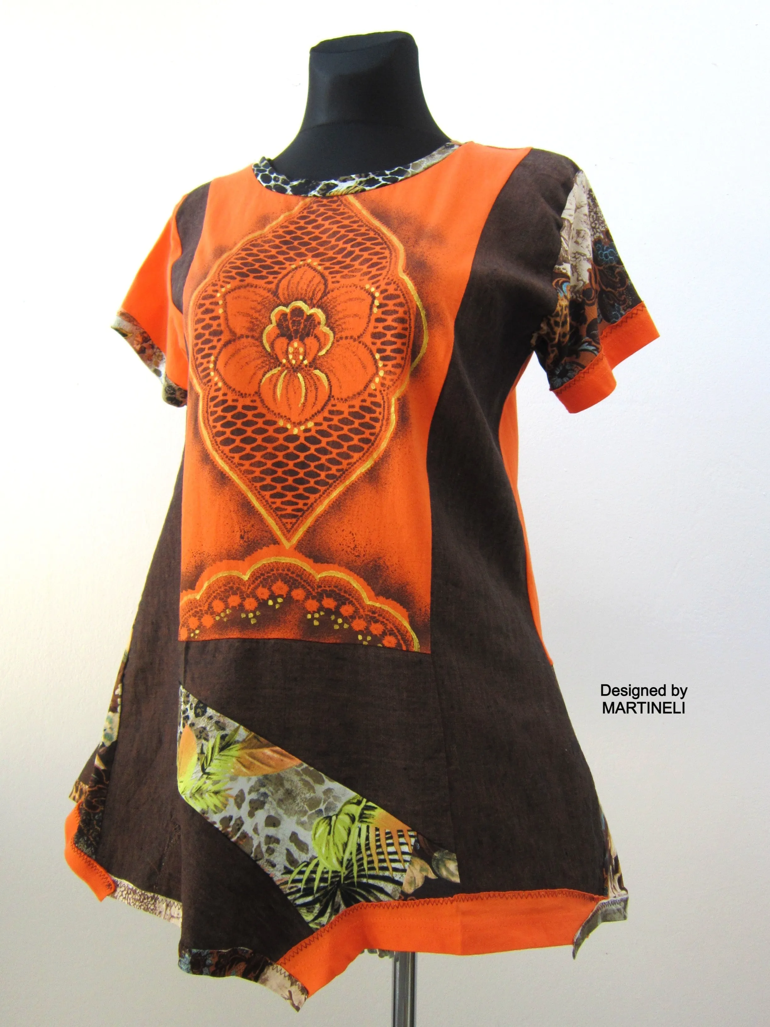 Short Orange Dress,M/L Summer Linen Tunic Top for Women