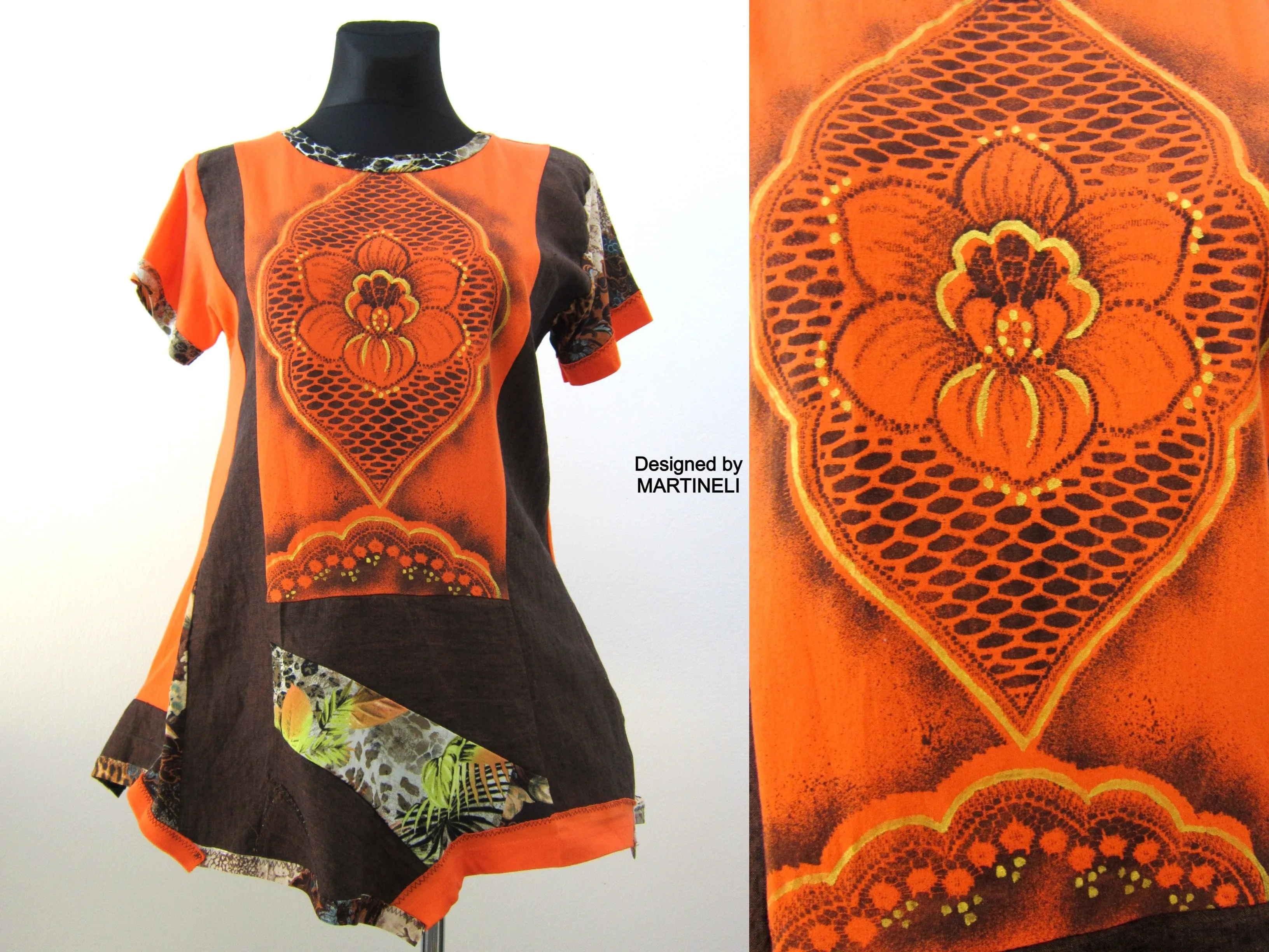 Short Orange Dress,M/L Summer Linen Tunic Top for Women