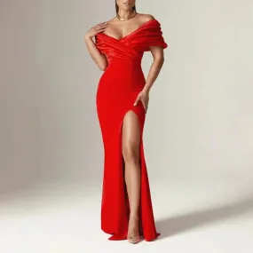 Slash Neck Off Shoulder Patchwork Folds Slit  Mermaid Maxi Dress