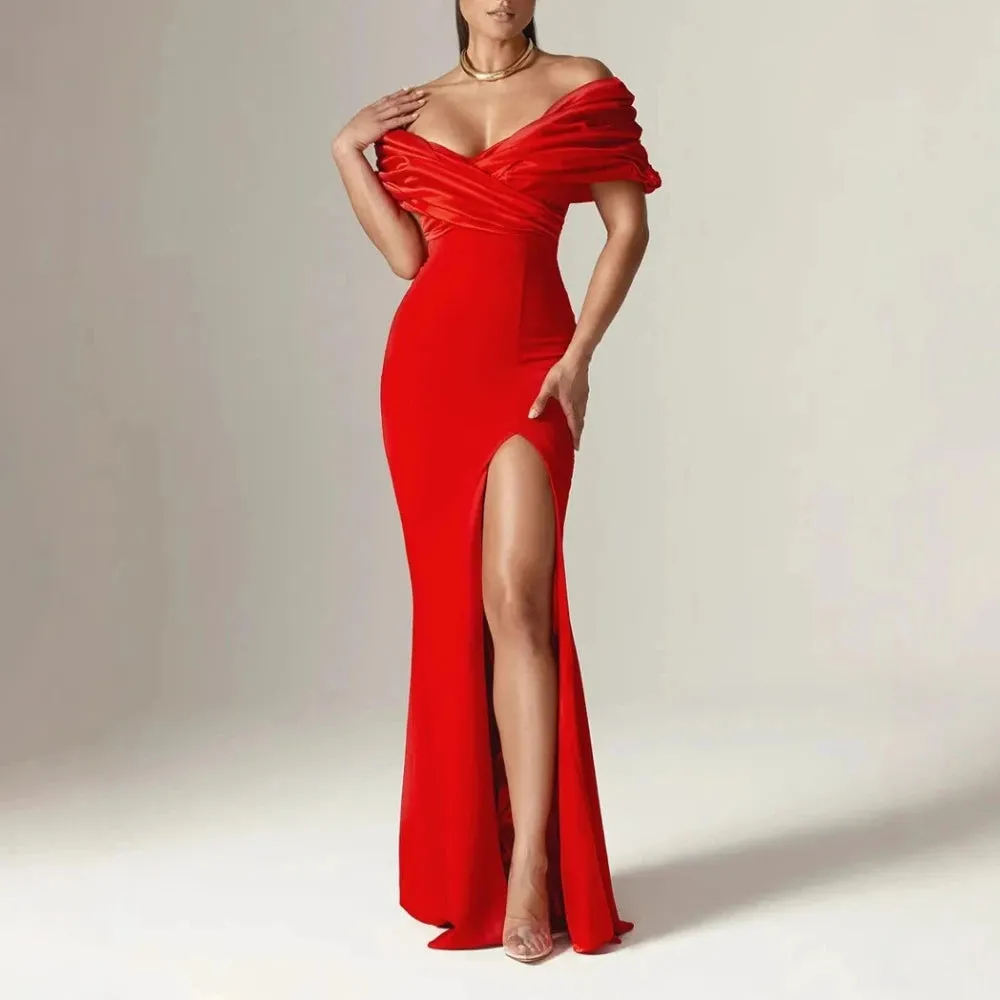 Slash Neck Off Shoulder Patchwork Folds Slit  Mermaid Maxi Dress