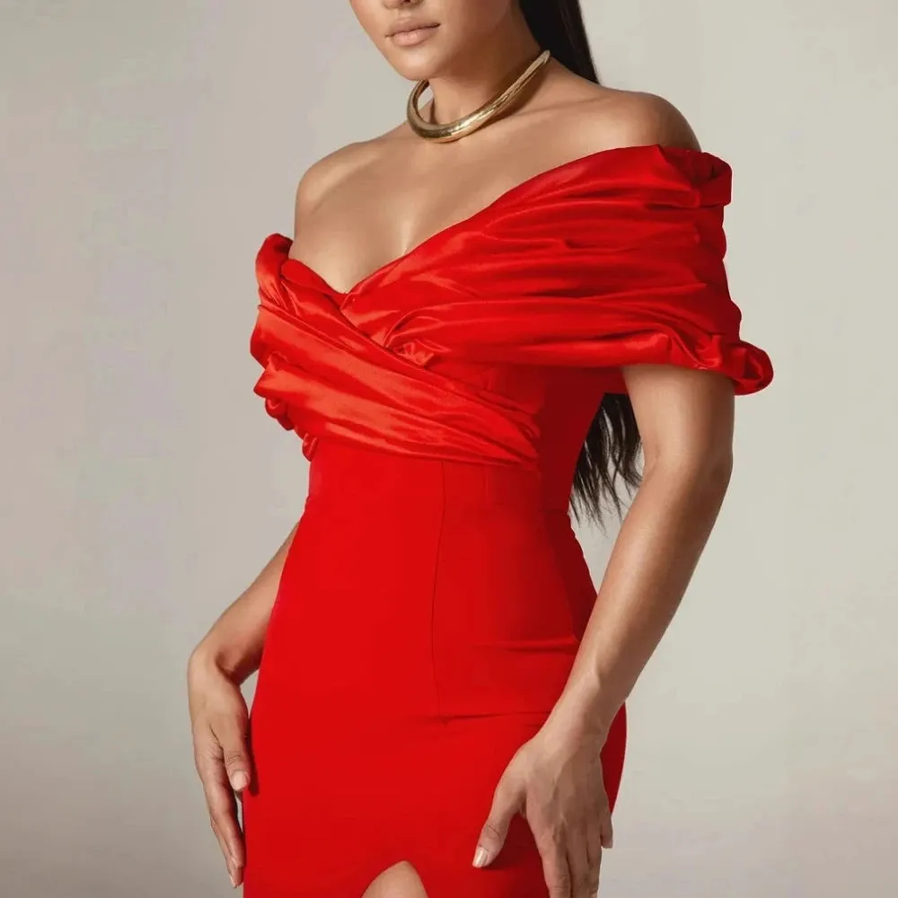 Slash Neck Off Shoulder Patchwork Folds Slit  Mermaid Maxi Dress